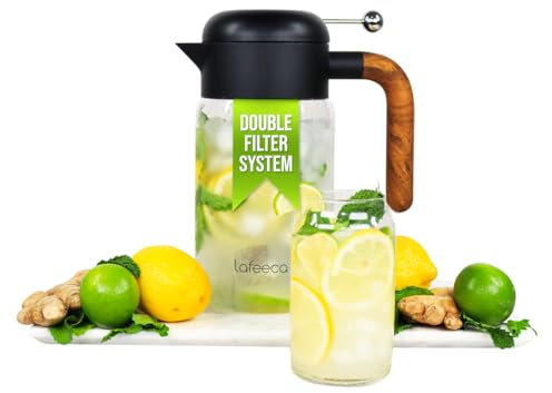 Lafeeca Iced Tea Maker and Infuser - Large Jug with Airtight Lid for Cold Brew - Stainless Dual Ultra Filter - Tritan Pitcher - 2000 ml / 68 oz - Black