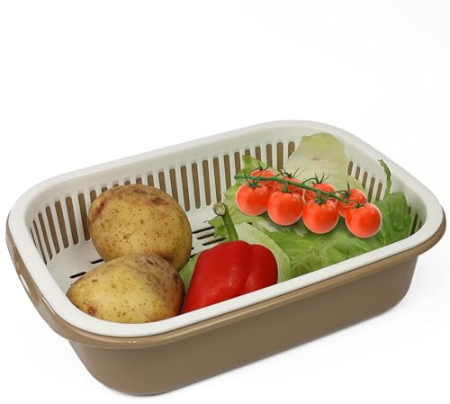 DIVCHI Colander Food Strainer Kitchen Bowl Sets Double-layer Detachable Fruits Washing Basket | Washing Bowl | Food Strainers | Colander | Vegetables Drainer (Tan)