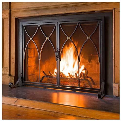MYVVKIA Wrought Iron Mesh Gate Fireplace Screen with 2 Doors & Handles, Freestanding Hearth Gates for Indoor Outdoor,Black-96x78x24cm