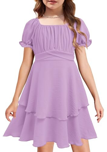Arshiner Mädchenkleid Kurzarm Rüschenkleid Schick Chiffonkleid Abendkleider Elegant Kinderkleider Lila Festkleider Stufenkleid mit Gürtel 11-12 Jahre