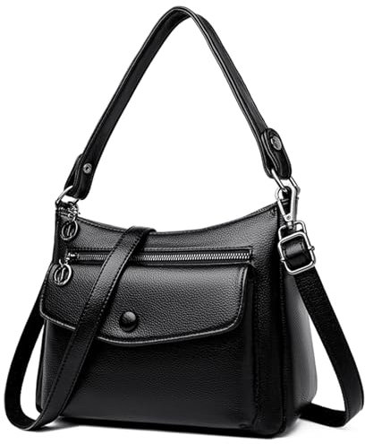 BAGROUPS Umhängetasche Damen Handtasche Schultertasche Tasche Damen Crossbody Bag Große Kapazität Weiches Leder Mit Abnehmbarem Verstellbarem Schultergurt (Schwarz)