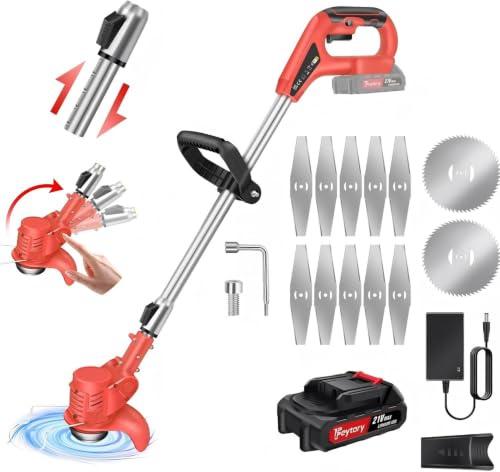 21V Akku Freischneider, Akku-Rasentrimmer Teleskoprohr 84-120cm, 1.5Ah Akku und Ladegerät, 10 Metallklinge, 2 Kreissägeblatt, Akku-Trimmer Easycut für Rasen Garten Beschneiden, Rot