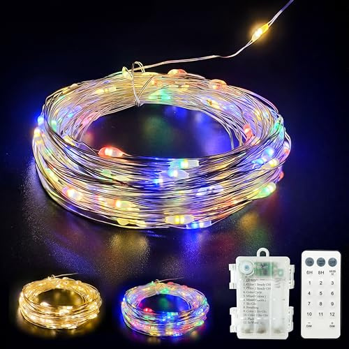 GHJ Battery Operated Remote Control Silver Wire Fairy Lights，Color Changing LED String Lights for Christmas Tree Xmas Garden Party (Warm/Multi, 100LEDs)
