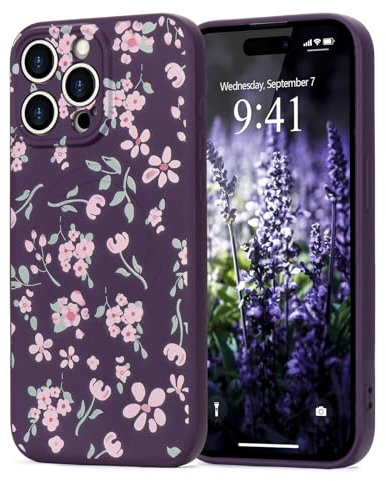 Wirvyuer for iPhone 14 Pro case, Compatible with Magsafe, Cute Floral Leaves Magnetic Phone Case, Pink Flower Shockproof Silicone Slim Bumper Protective Cover for Women Girls, Dark Purple