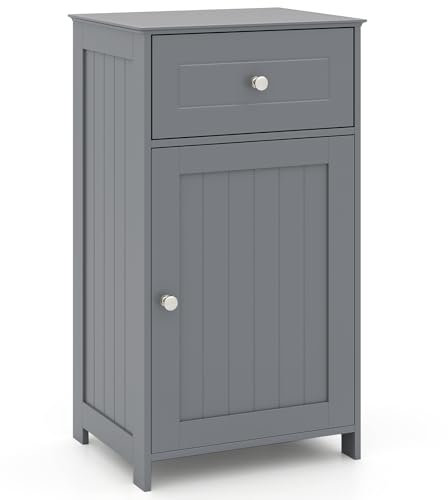 COSTWAY Bathroom Floor Cabinet, Freestanding Storage Cupboard with Drawer, Single Door and Adjustable Shelf, Wooden Side Cabinet Organizer Unit for Bathroom Living Room Hallway, 43x34x77cm (Grey)
