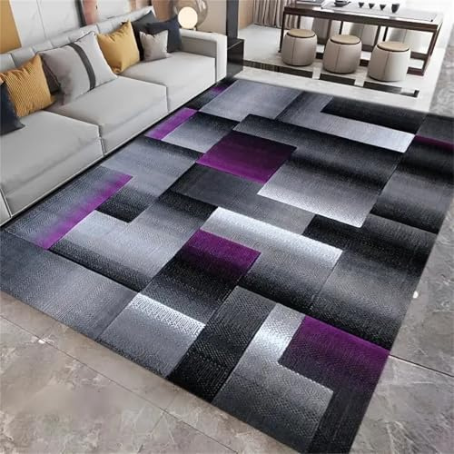USHIRUG Moderner Wohnzimmerteppich, 160x230cm, Geometrischer Patchwork-Teppich In Lila und Schwarz, Groß, rutschfest, Strapazierfähig, Minimalistische Raumdekoration für Sofa, Schlafzimmer