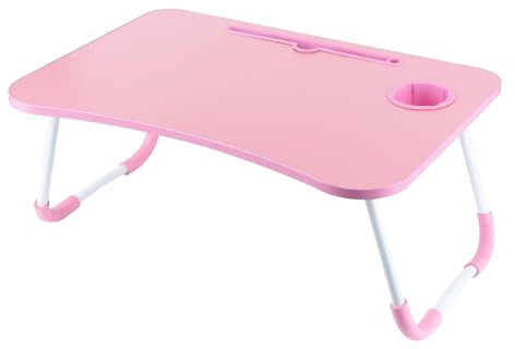 Holdfiturn Laptop Bed Table Lap Standing Desk For Bed and Sofa Breakfast Bed Tray Portable Lap Table Folding Laptop Tray With Handle Cup Holder Notebook Stand for Reading (Romantic Pink)