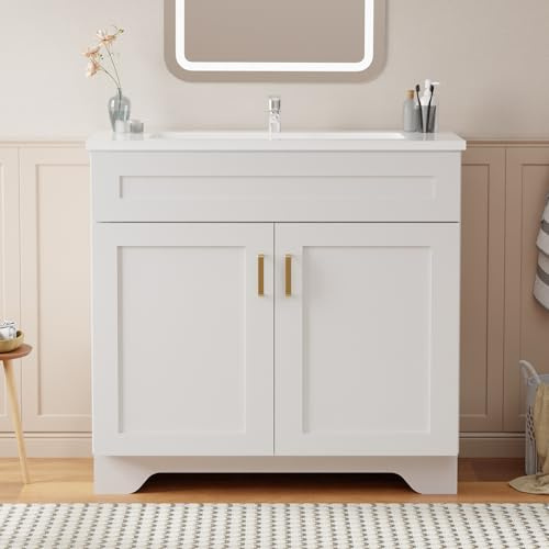 LDarqeer 900mm Bathroom Vanity Unit with Basin, Ceramic Basin, Freestanding Bathroom Sink Cabinet, Modern Shaker Design, Soft-Close Door, Single Tap Hole, White with Gold Metal Handles