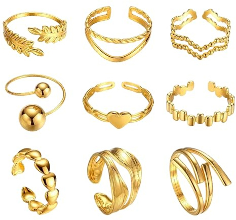 JININOSEU 9 Stück Verstellbar Ringe Gold Set, Damen Vintage Ringe Wasserfest, Boho Freundschaftsringe Stapelbare, Knuckle Ringe Statement Ring Schmuck