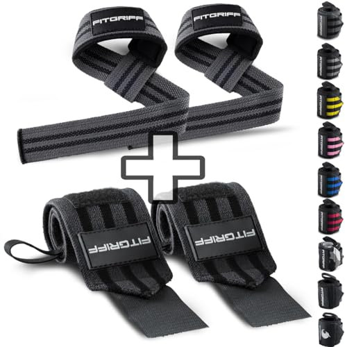 Fitgriff® Handgelenk Bandagen + Zughilfen (2er Set) - für Krafttraining, Fitness, Bodybuilding, Gewichtheben, Gym, Kraftsport - für Frauen und Männer (Grey)