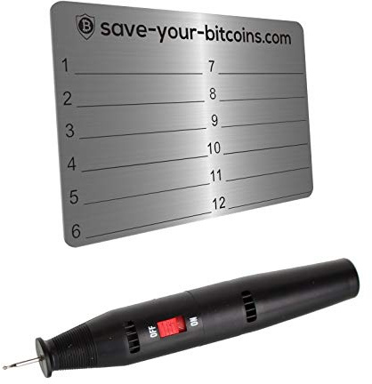 Save-Your-Bitcoins Hardware Wallet Seed Phrase - Recovery (Backup) Metallplatte zur Passwortsicherung aus Edelstahl (V4A), Kit mit 1 Platte aus Edelstahl + Gravierstift