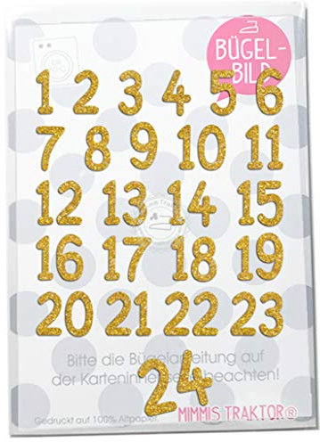 GLITZER Bügelbild Adventkalender Zahlen 1-24 Aufbügler Applikationen Bügelsticker für Stoffe Textilien Kinder zum Aufbügeln Flicken, Farbe:Glitzer gold