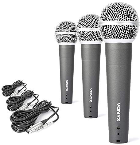 VONYX DM58 Dynamic Microphone Set of 3 with XLR Leads, Metal Body Handheld Vocal Mics for Karaoke, DJ, Party and Live PA Sound Applications