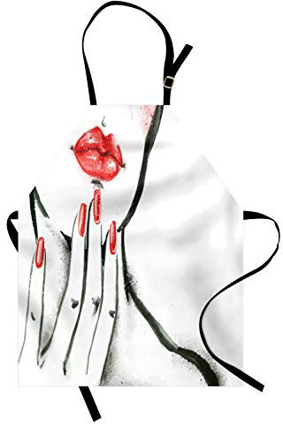 ABAKUHAUS Lippen Kochschürze, Rote Nägel und Blushed Cheeks, Unisex-Küchenlätzchen mit verstellbarem Hals für Kochen Gartenarbeit, 67 cm x 80cm, Charcoal Grau Weiß