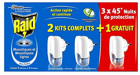 Raid - Pack of 3 Electric Diffusers 45 Nights + 3 Fragrance-Free Refills for Mosquitoes and Tiger Mosquitoes - Fast and Continuous Action