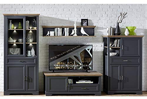 Lomadox Wohnwand mit TV-Lowboard und Vitrine inkl. LED Landhaus-Stil - Breite: 354cm
