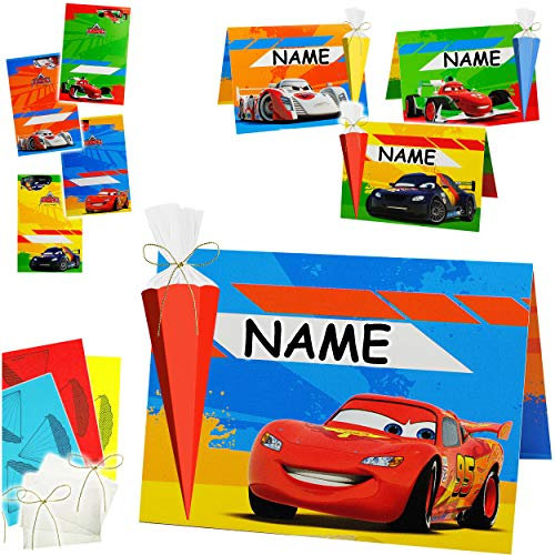 alles-meine.de GmbH 3D Effekt - 12 TLG. Set - Tischkarten/Namenskarten/Platzkarten - Cars - Auto - Lightning McQueen - inkl. Name - Schulanfang - Bastelset - Schuleinführung ..