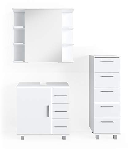 Vicco Badmöbel-Set Weiß Ilias, bestehend aus Bad Spiegelschrank, Waschbeckenunterschrank, Midischrank - mit Fächern für Flexible Aufbewahrung
