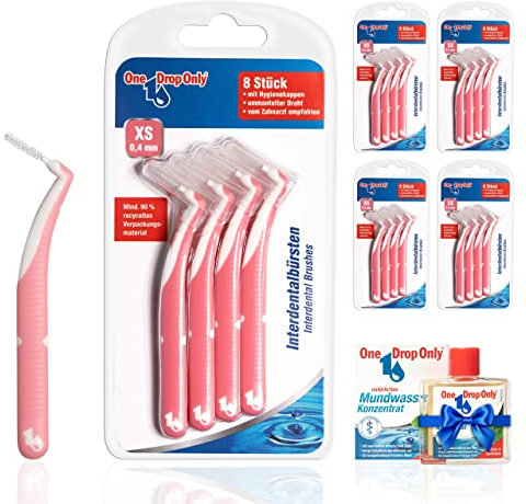 One Drop Only® - 5 x 8er Pack Interdentalbürsten 0,4mm (XS) + 10ml Mundwasser Konzentrat GRATIS/Interdentalbürste & Interdental Brush zur Zwischenzahnreinigung/beste Mundhygiene durch Dentalbürsten