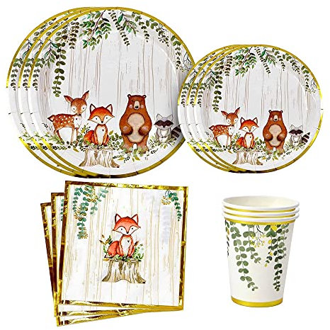 Woodland Creatures Theme Baby Shower & Birthday Party Supplies For Boy or Girl Decorations with plates, napkins and cups of Forest Animal Friends Fox, Deer, Bear, Racoon Tableware Decor Set Serves 24