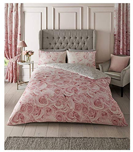 FAIRWAYUK Rose Bedding Pink Double Duvet Set with Matching Pillowcase, Ultra Soft Reversible Quilt Cover, Easy Care Button Closure, 200x200cm