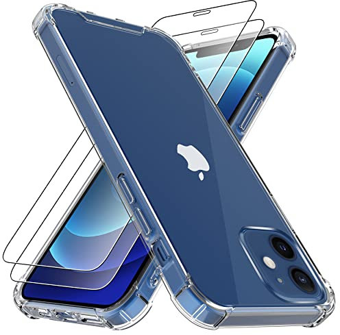4youquality Case for iPhone 12 and iPhone 12 Pro with [2-Pack Tempered Glass Screen Protector], 6.1-Inch, Airbag Drop Protection, Shockproof Transparent Clear Bumper Phone Cover, Anti-Scratch