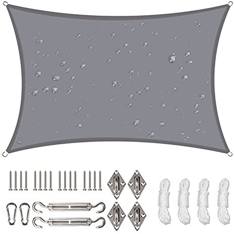 NAKIHOUSE Voile d'ombrage étanche avec kit de fixation - 2 x 3 m - Protection UV - Pour jardin, balcon et terrasse