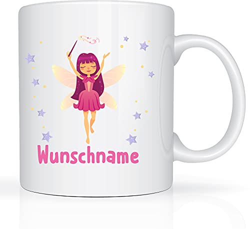 Print-Klex Tasse mit Namen und Fee Motiv Bedruckt Namentasse Namensbecher Feemotiv für Mädchen Kindertasse Weiß Spruchtasse Keramik mit Druck 330ml