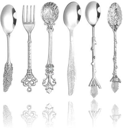 Vintage Coffee Spoons, 6Pcs Elegant Carved Dessert Teaspoons and Fork | Zinc Alloy, Ornate Cutlery Set for Coffee Latte Ice Cream Sugar Serving, Home Decoration, Gifts, Silver