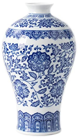 KuJaRen, Vaso blu e bianco per arredamento domestico, in stile cinese, in porcellana blu e bianca, per casa, soggiorno, libreria, camino, centrotavola, 22,9 cm