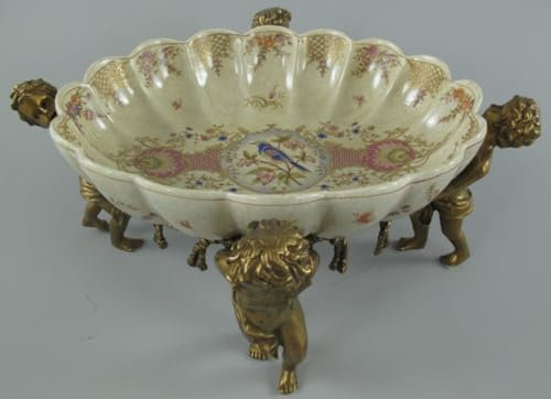 Casa Padrino Jugendstil Porzellan Schale mit 4 dekorativen Engelsfiguren Cremefarben/Mehrfarbig/Messingfarben 40 x 30 x H. 17 cm - Barock & Jugendstil Deko Accessoires