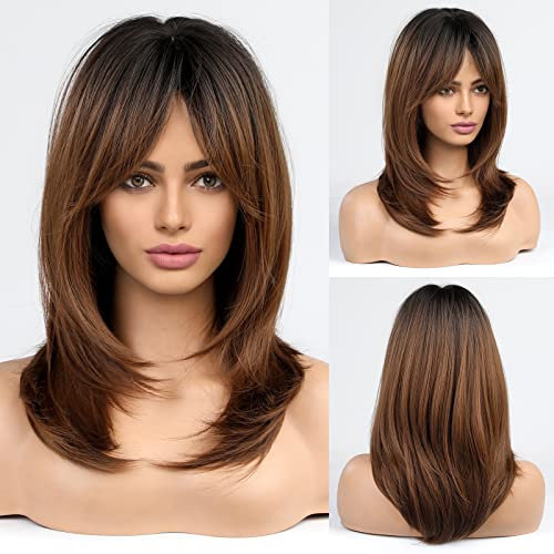 EMMOR Ombre Braune Perücken für Frauen Langgeschichtige Perücken mit Bangs Hitzebeständige Kunstfaserperücken...