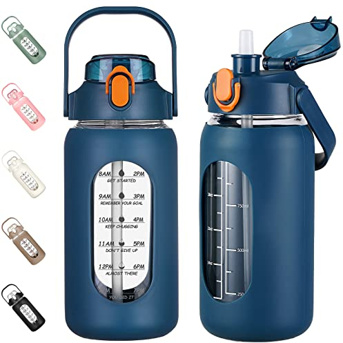 kytffu 42oz Glass Water Bottles with Straw, Motivational Glass Bottle with Silicone Sleeve and Time Marker, Leakproof Large Glass Water Jug for Gym Home Office,Blue