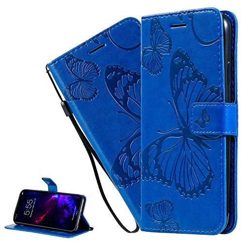 LEMAXELERS Nokia 7.1 Hülle,Nokia 7.1 Handyhülle Schmetterling Prägung Mädchen Flip Case PU Leder Cover Magnet Schutzhülle Tasche Ständer Handytasche für Nokia 7.1,KT Die Blue
