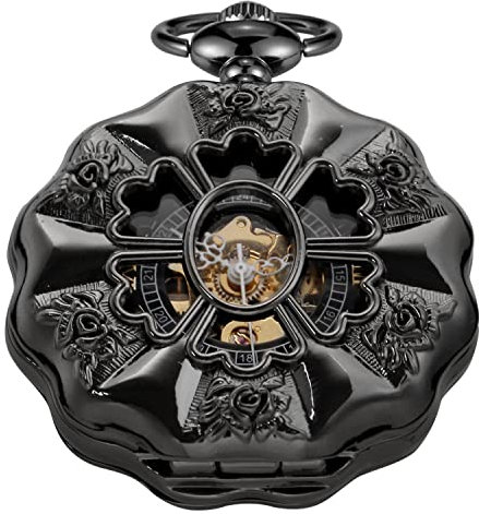 Tiong Mechanische Taschenuhr für Herren, Schwarz + Braun + Silberfarben, Fob-Kette, römische Digitale Steampunk-Taschenuhr für Herren, Mpw129-uk…