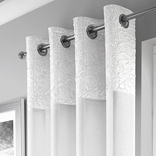 Maple Textiles A Pair of White 90 Drop Eyelet Heading Voile Crushed Metallic Satin Curtain Panel Ring Top Available in 3 sizes (2, White, 90(229cm) Drop)