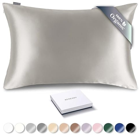 RENESSY Premium Silk Pillowcase 100% Organic Mulberry Silk, 22 Momme, Grade 6A - Oeko-Tex Certified in Germany - Luxury for Hair & Skin, 1 Piece (Super King 50x90 cm, Light Grey)