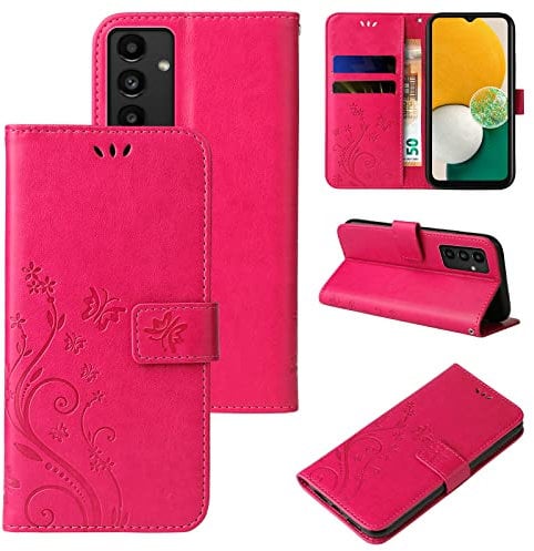 LBH Handy Hülle für Samsung Galaxy A13 Case Handytasche Schmetterling Blumen Flower Standfunktion Schutzhülle Magnet Rundum Schutz 360 Grad Flipcase Cover Pink