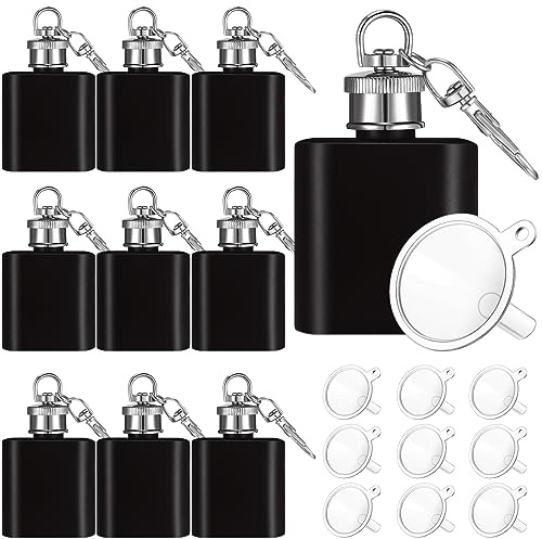 Bokon 10 Pcs Mini Keychain Flask 1oz Stainless Steel with Funnels, Black | 10 Plastic Funnels, 10 Hip Jar Pocket Hidden Flask Bulk, for Liquor, Men Women, Groomsmen Gifts, Travel Party Events, Wedding