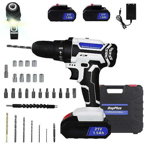Akku-Bohrschrauber 21V Akkuschrauber Set mit 2x 1500mAh Akkus und 24tlg Zubehör, 45 N.m Max akku bohrmaschine, 2-Gang, Drehmoment auf 25+1 Stufen, Akku Bohrmaschine Schrauber mit LED Arbeitslicht