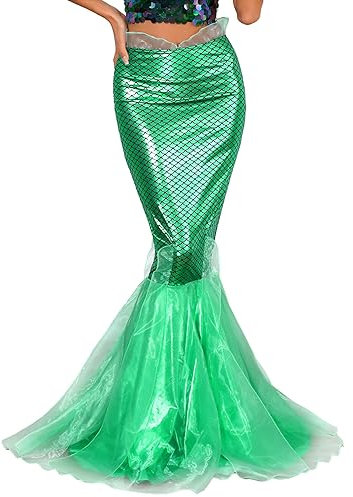 iEFiEL Damen Meerjungfrau Rock Glitzer Halloween Kostüm Karneval Fasching Kostüme Partyrock Pachwork Maxirock Elegant Abendrock Grün S