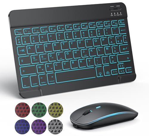 Clavier Souris sans Fil TECURS Clavier pour iPad/Samsung/Lenovo/iPhone Tablette Silent Rétroéclair, Bluetooth Clavier et Souris Léger Rechargeable Portable AZERTY pour iOS, Android (Noir)