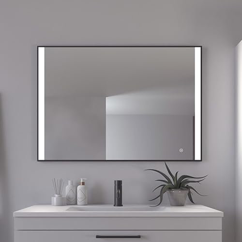 Loevschall Libra Modernes Badspiegel mit Beleuchtung, 100x70 cm, Quadratischer Spiegel, Smart Mirror mit Touch-Schalter, Schwarzer Rahmen, Badspiegel mit 5 cm LED Lichtfield, Helligkeit Dimmbar