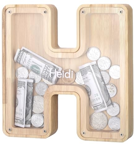 Kinsinder Holz Buchstaben Spardose, Holz Spardose Kinder Personalisierte Kreative Brief Münzbank Spardose mit Alphabet Aufklebern für Familie, Weihnachten, Geburtstag, Geschenk (H, S)