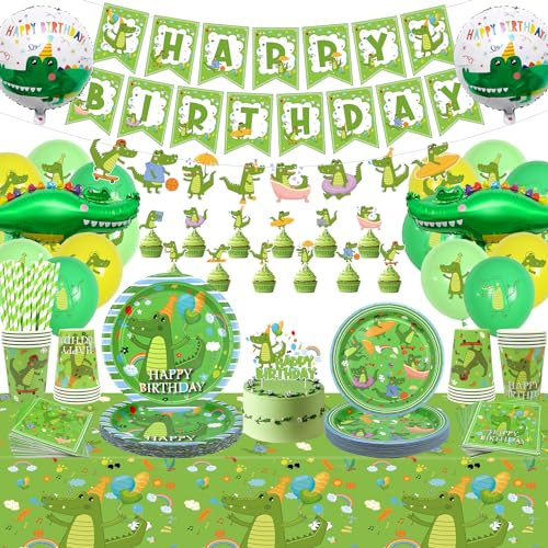 Obussgar Crocodile Birthday Party Supplies Crocodile Birthday Party Decorations Including Banner, Cake Decorations, Plates, Cups, Napkins, Tablecloth, Balloons (B)