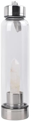 Queemie Claro Cuarzo Cristal Agua Botella, Acero Inoxidable Vidrio Blanco Piedra Preciosa Obelisco Varita Energía Taza Deportes Taza Natural Bienestar Curación 550ml