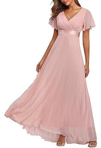 Partykleider für Damen UK Chiffon Bankett Brautjungfer Übergröße Abendkleider Ballkleid A-Linie Rüschen Maxikleid Hochzeitskleid Einfarbig Tüll Cocktailkleider Damen Lange Kleider Größe 18, rose, L