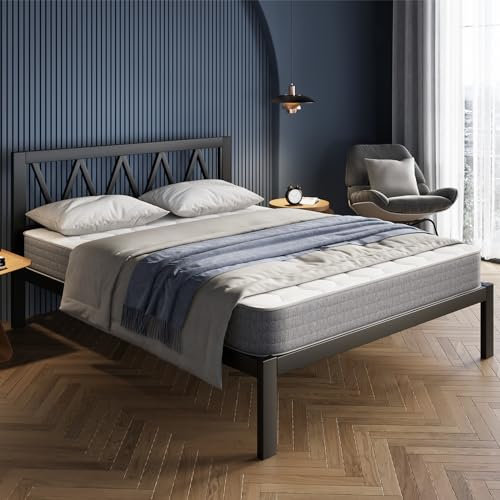 Avenco Cadre de lit Plateforme 160 x 190 cm, lit avec 5 Pieds Hauts et Une tête de lit, Hauteur de 30,5 cm, Structure écologique en Acier avec des Lattes en peuplier, Noir