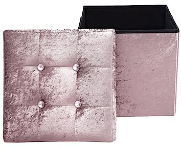 Goldstar Crushed Velvet Diamante Ottoman Pouffe Foldable Single Seater Storage Box with Lid Seat Foot Stool, Blush Pink