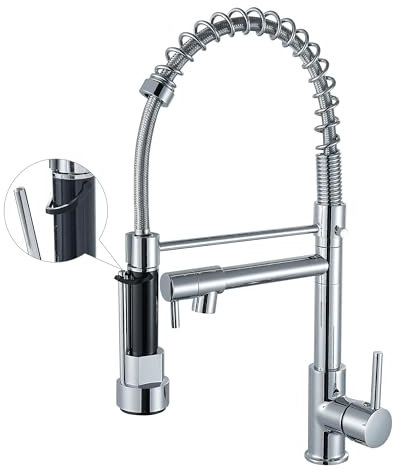 Grifo de cocina con rociador desplegable de arco alto, grifo de fregadero de cocina con resorte de una sola manija, cromo brillante